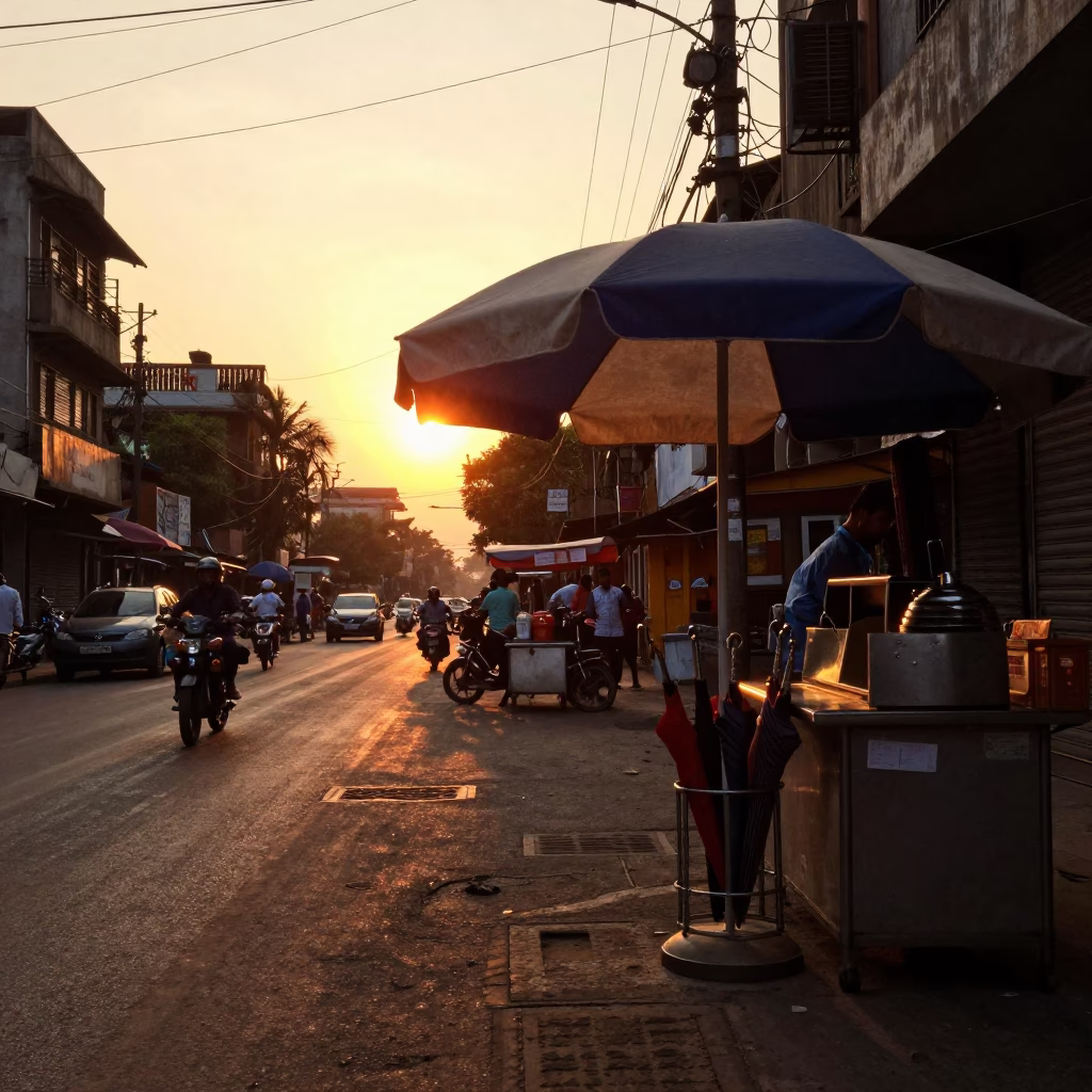 Mumbai Sunset Street Scene with Umbrella Stand and Cable Car in Background in in Mumbai, India