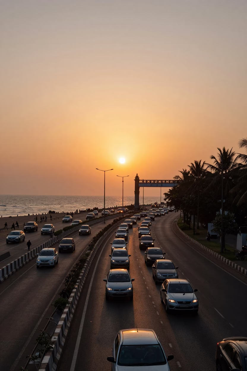 Mumbai Sunset Traffic and Street Life Near Gateway of India in in Mumbai, India