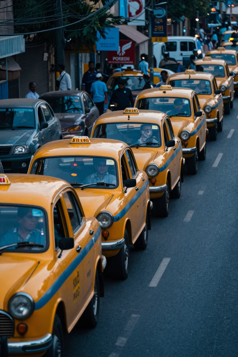 Mumbai Taxi Rank at Twilight with Yellow Cabs and Railway Station Foreground in in Mumbai, India