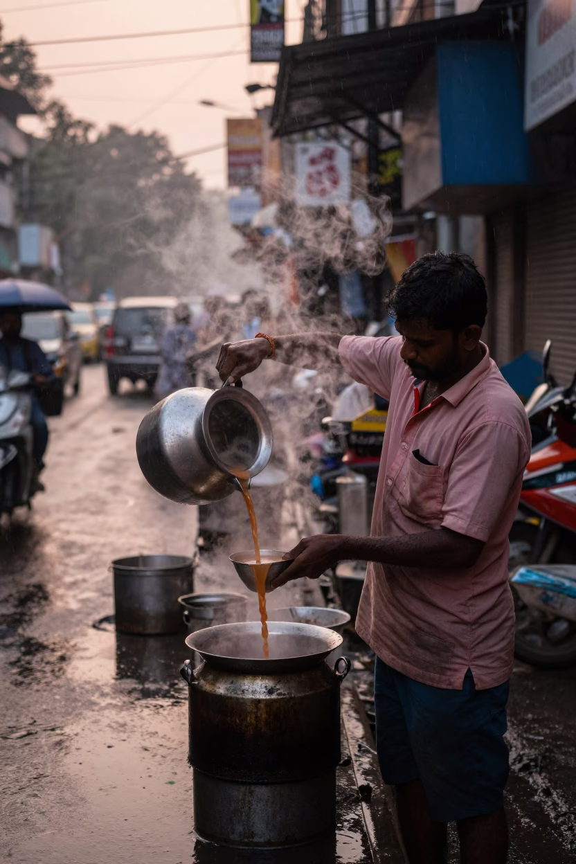 Mumbai Tea Seller Pouring Chai at Dawn After Rain in in Mumbai, India