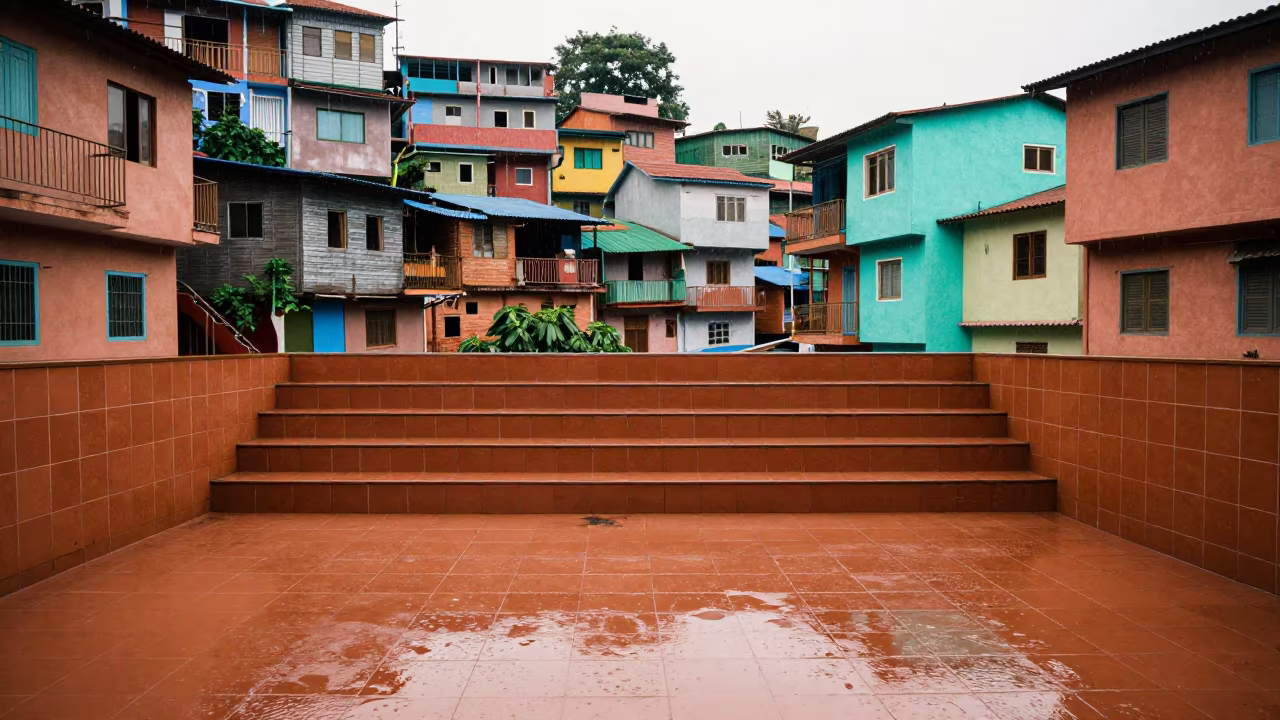 Mumbai Tiled Stair Hall with Hillside Favela Reflections in inside a tiled stair hall in Mumbai