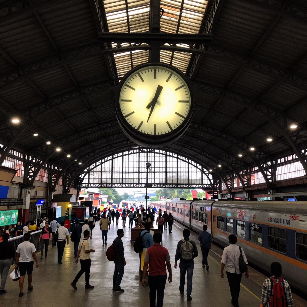 Mumbai Train Station Clock Under Vaulted Iron Roof at Twilight with Puddle Reflections in in Mumbai, India