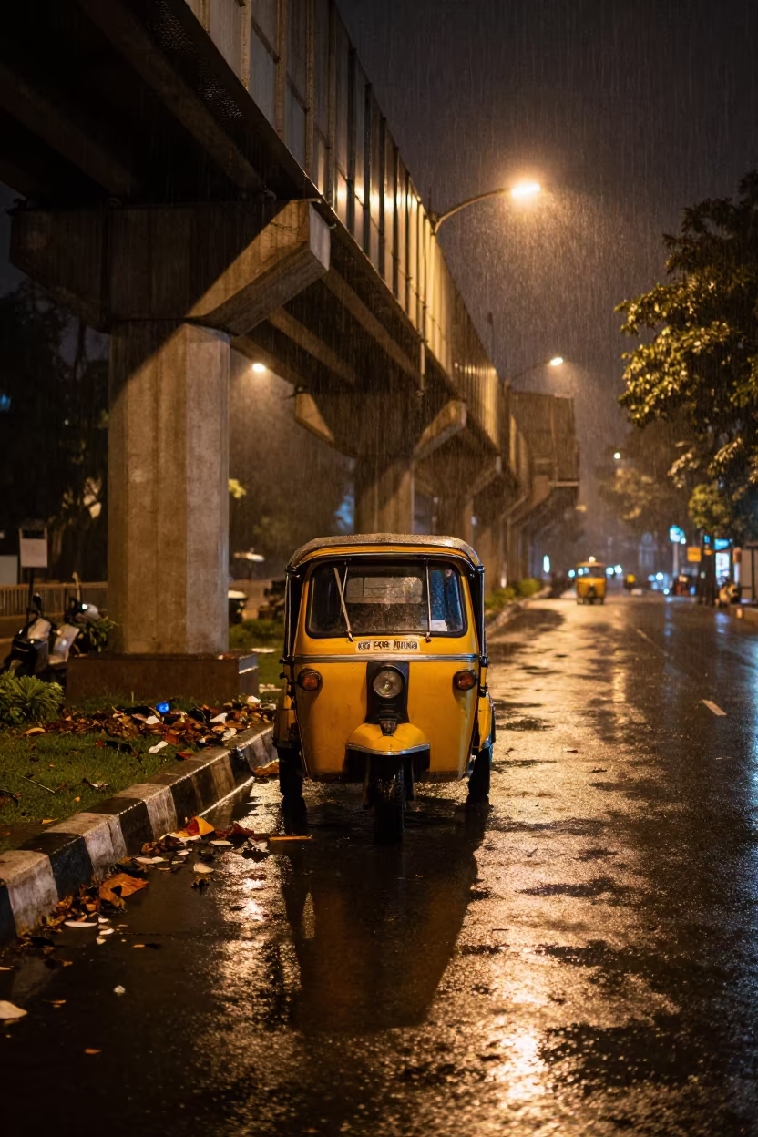 Mumbai Tuk-Tuk Under Elevated Train Tracks Night Rain in under an elevated train line in Mumbai