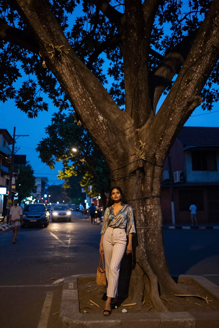 Mumbai Twilight Street Scene with Banyan Tree and Fashion Model in in Mumbai, India
