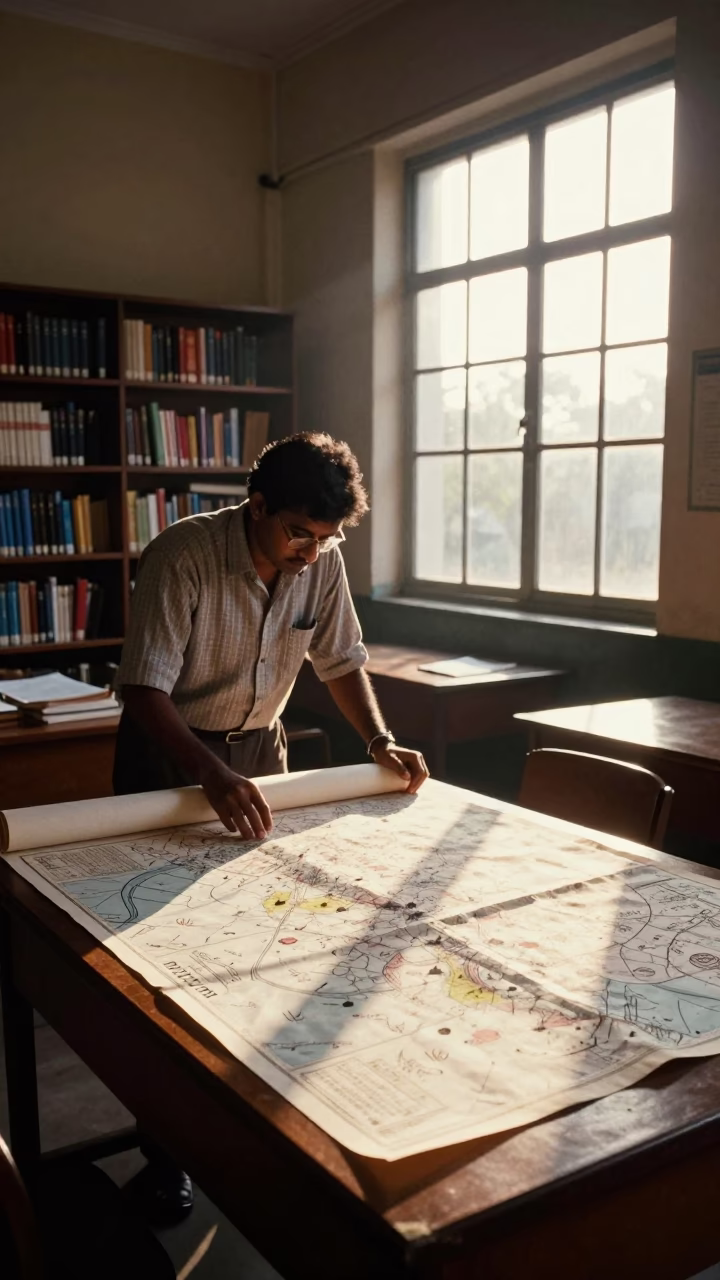 Mumbai University Classroom with Bookshelf and Maps After Sunrise in in Mumbai, India