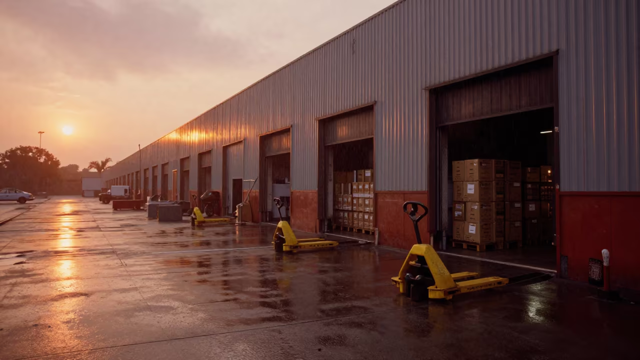 Mumbai Warehouse Dock in Amber Monsoon Light in at a loading dock before dispatch in Mumbai