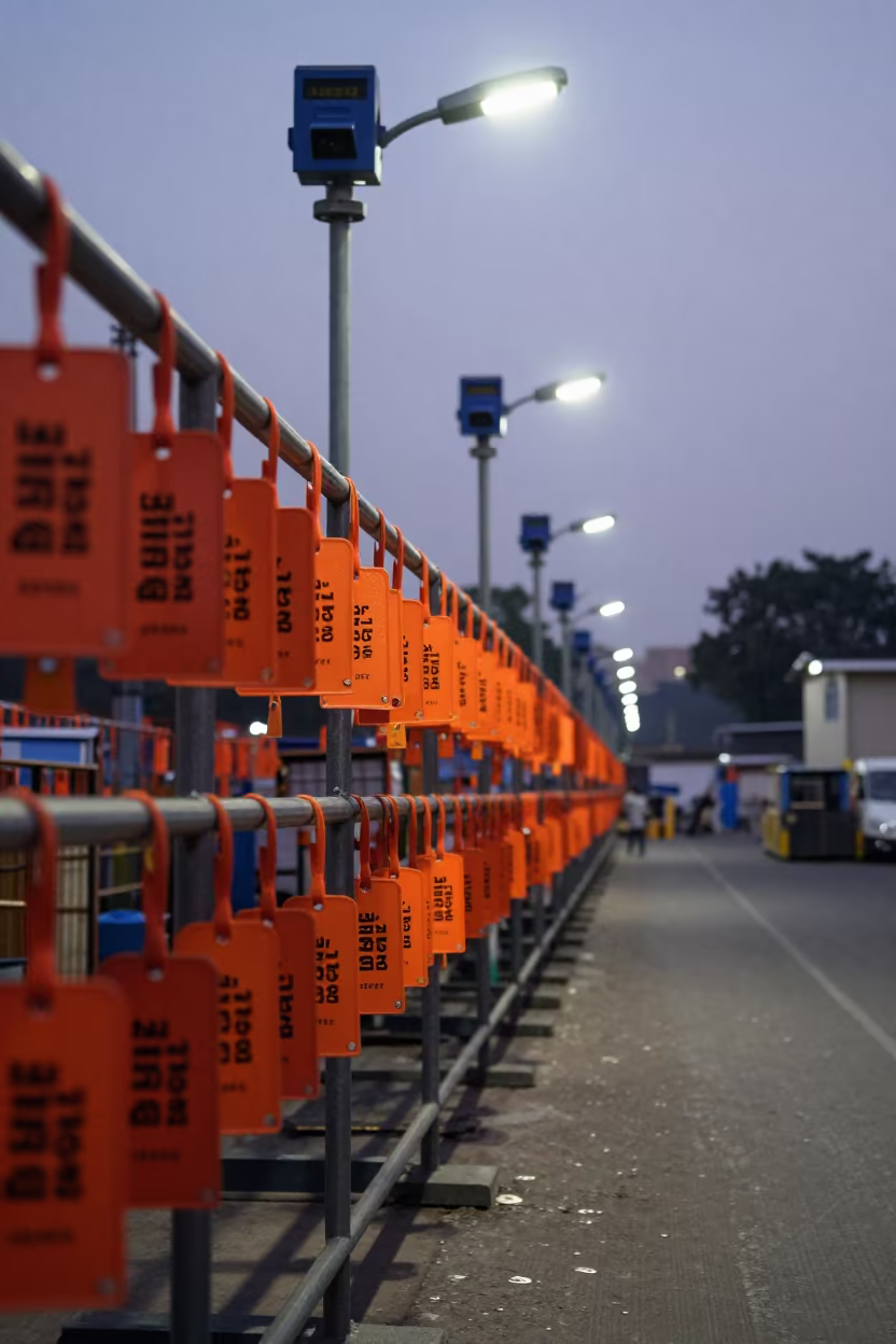Mumbai Warehouse Hamper Tag Rail Before Dawn in inside a warehouse aisle near Mumbai