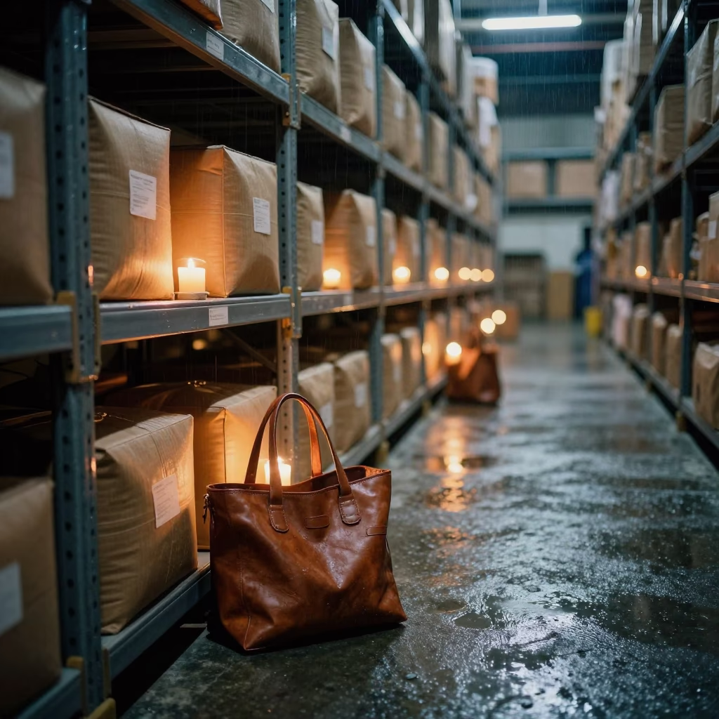 Mumbai Warehouse Night Tote Candlelight Rain in inside a warehouse aisle in Dadar, Mumbai