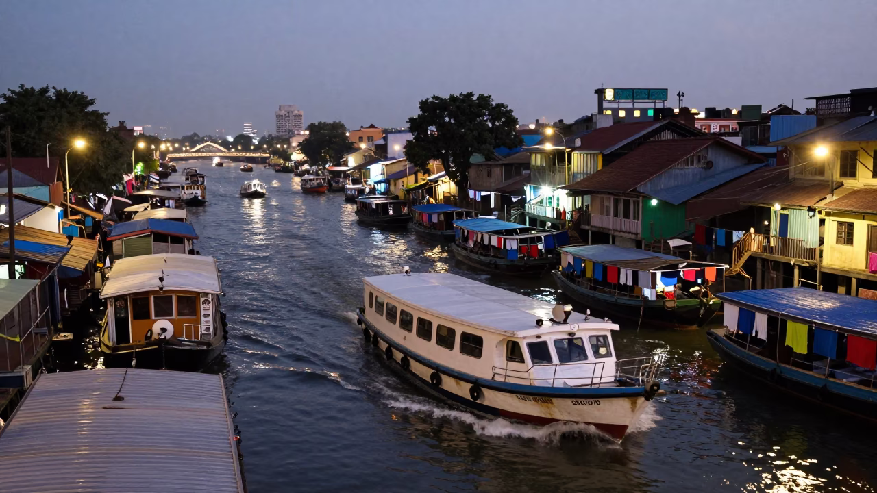 Mumbai Water Taxi Navigating Busy Canals at Twilight with City Lights in in Mumbai, India