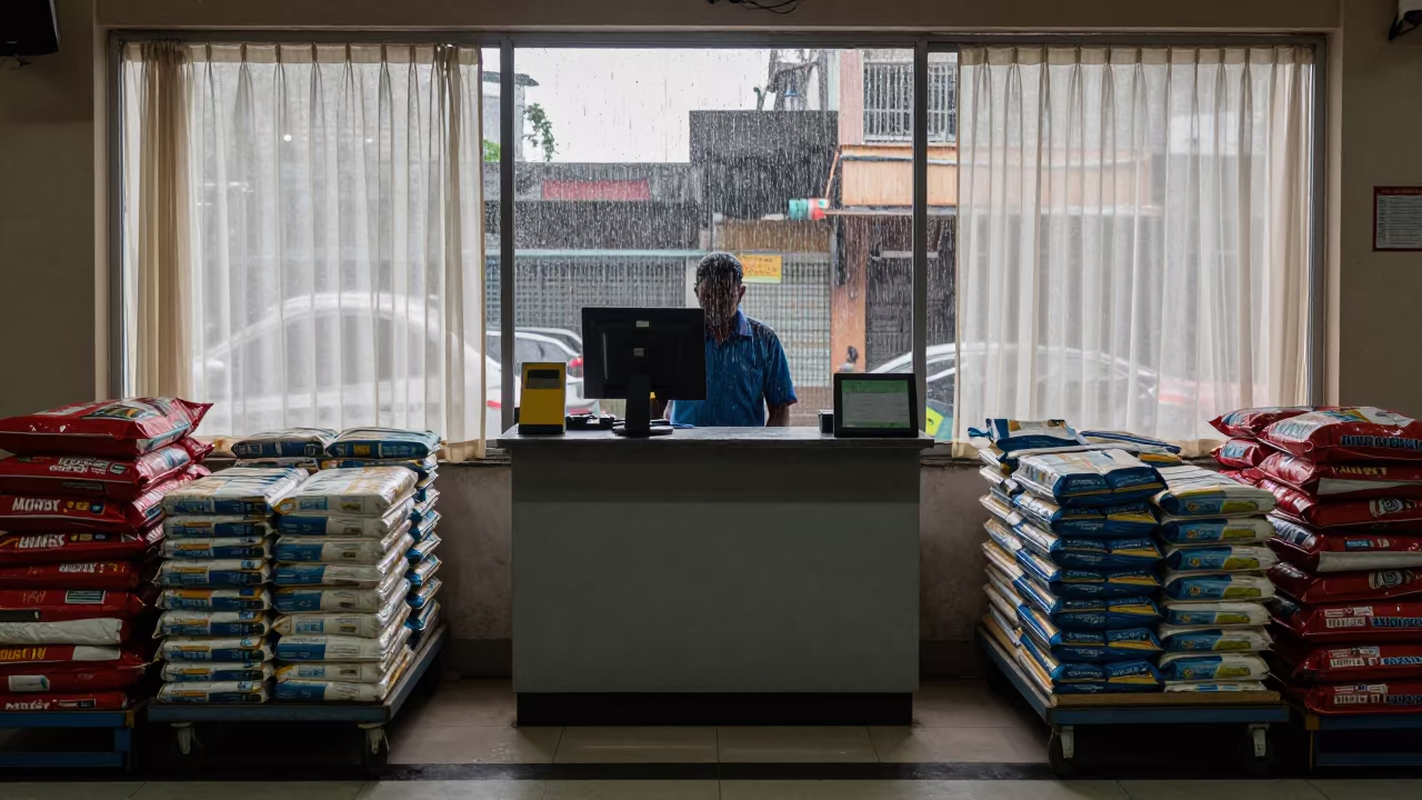 Mumbai Wholesale Checkout Monsoon Light in at a cash wrap counter with bags stacked nearby in Mumbai