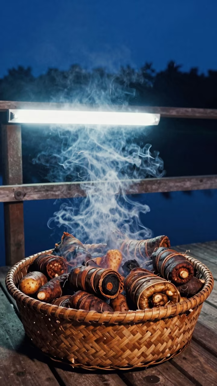 Mumu Earth Oven Feast on Pier Railing in on a pier railing near Bouake