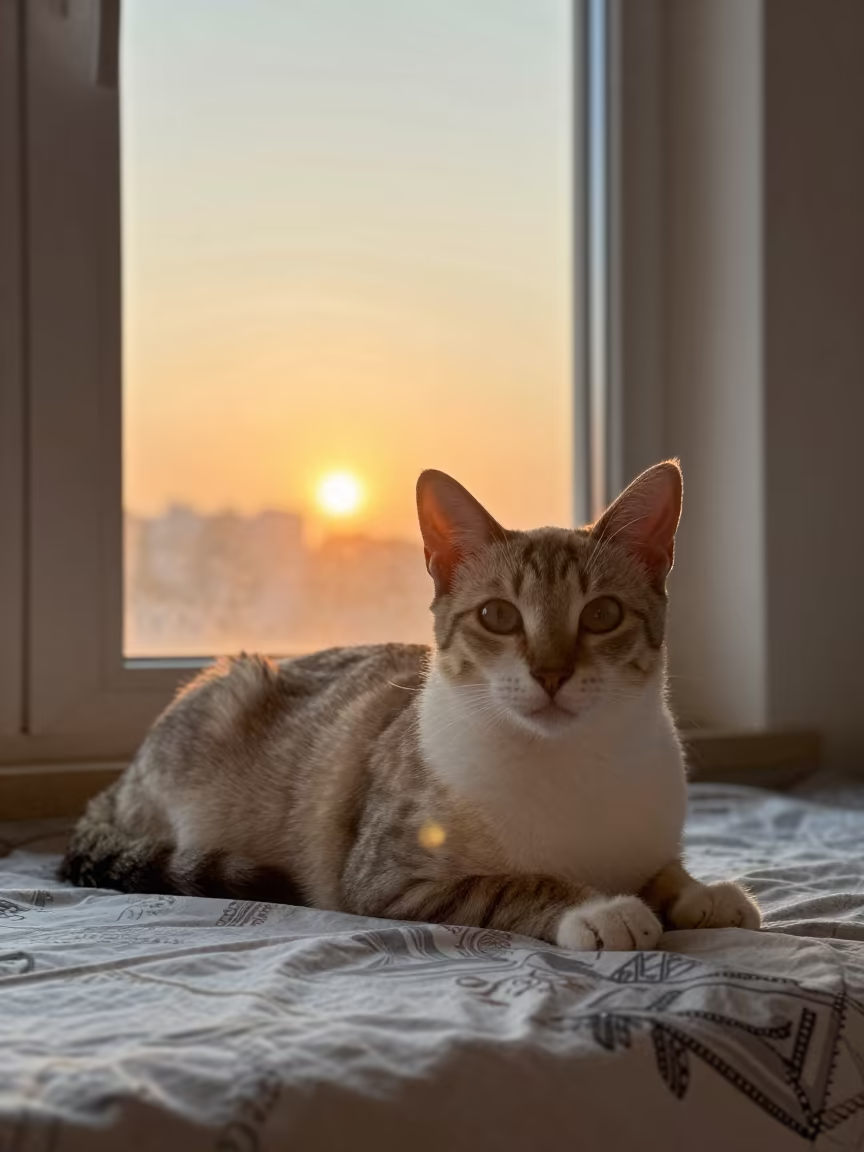 Munchkin Cat Lounging in Honey Light on Bedspread in on a bedspread near a bright window with calm indoor light in Mogadishu