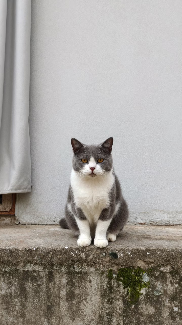 Munchkin Cat on Courtyard Wall in Comodoro Rivadavia in beside a plain courtyard wall in clear daylight with the animal at eye level near Comodoro Rivadavia