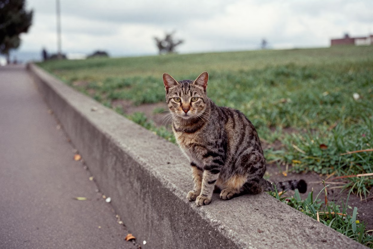 Munchkin Cat on Park Wall in Ambato Shade in along a quiet park path with soft open shade and a clean background in Ambato