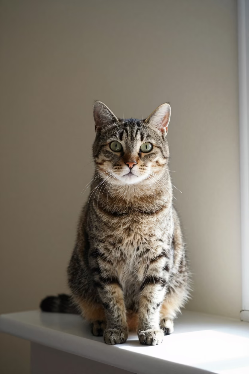 Munchkin Cat Portrait Grafton Street Dublin Soft Light in beside a plain plaster wall in soft indoor light with the animal centered in frame in Grafton Street, Dublin