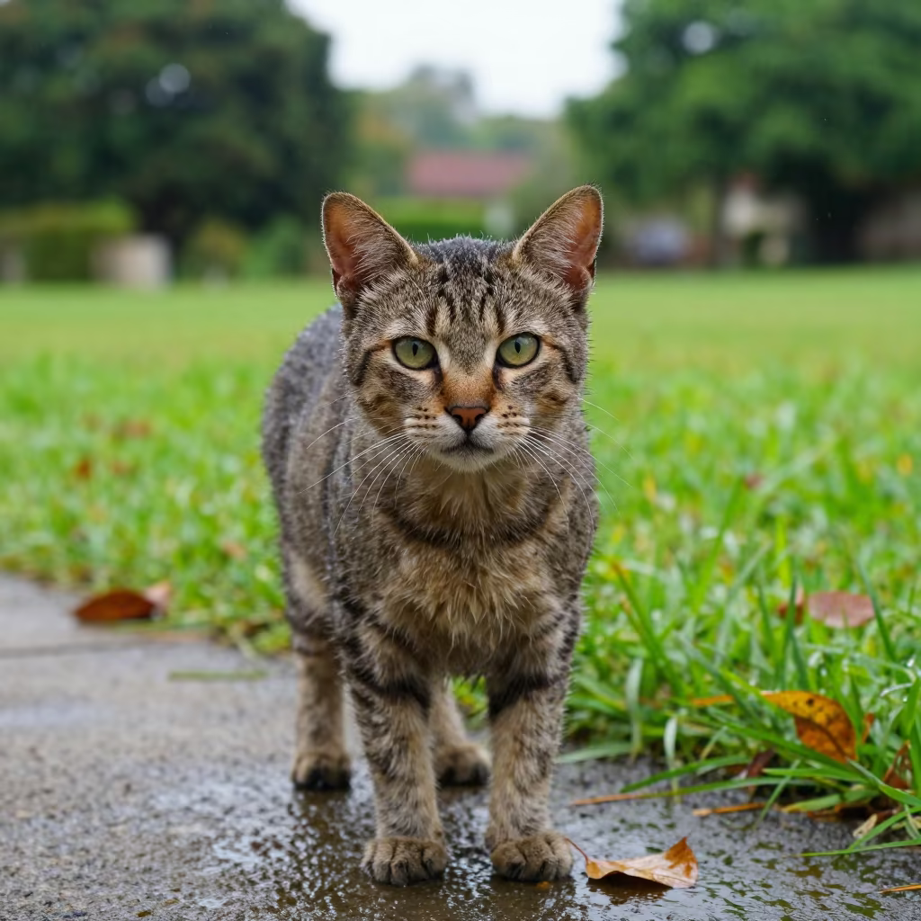 Munchkin Cat Portrait in Abidjan Garden Light in near a garden edge with soft morning light and an uncluttered background near Abidjan