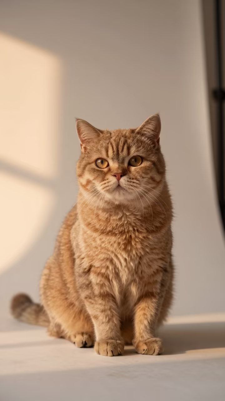 Munchkin Cat Portrait in Dabou Studio in in a quiet portrait studio with a plain backdrop and eye-level framing in Dabou