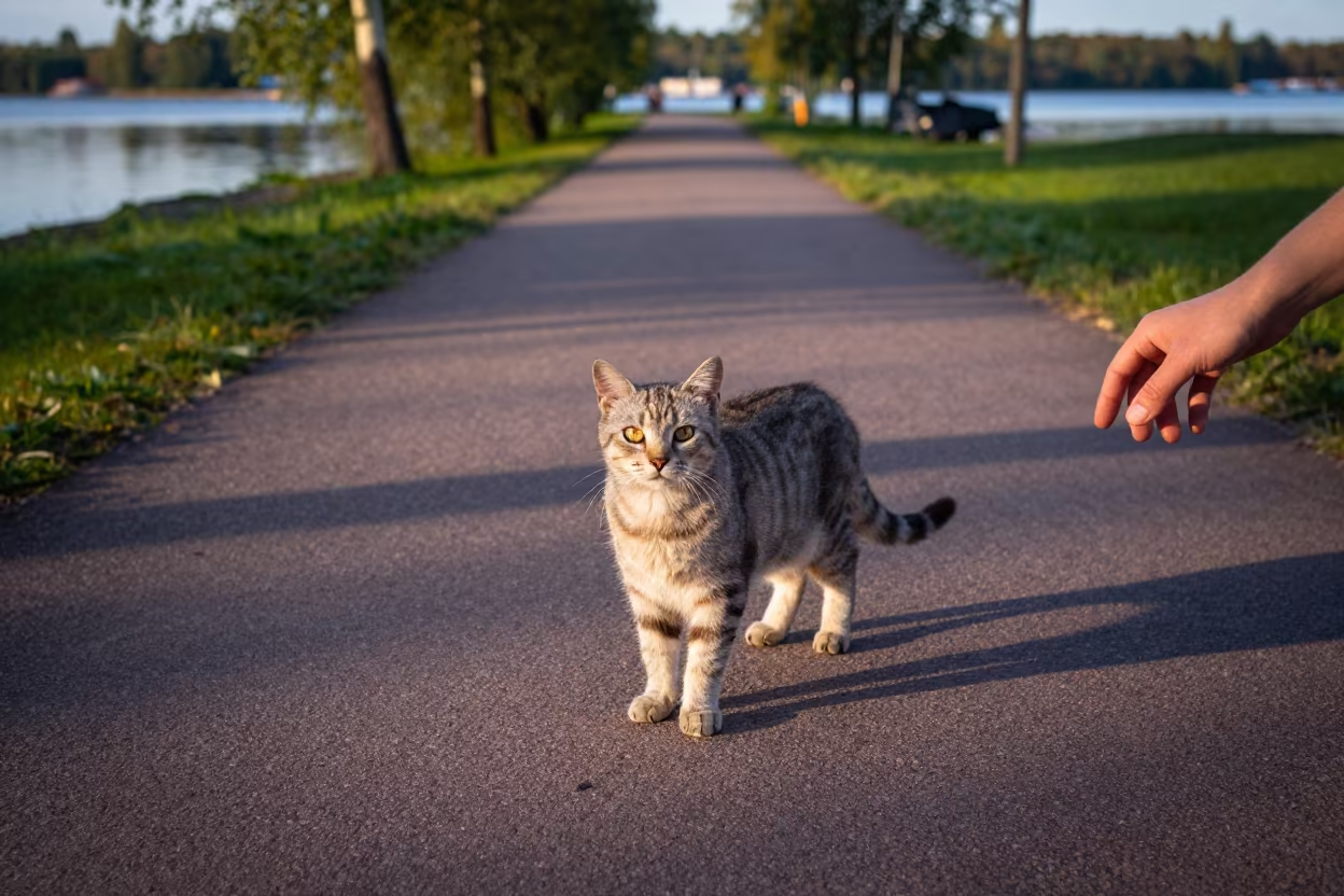 Munchkin Cat Portrait in Oulu Park Shade in along a quiet park path with soft open shade and a clean background in Oulu