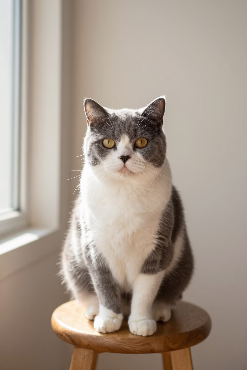 Munchkin Cat Portrait in Quiet Satna Studio in in a quiet portrait studio with a plain backdrop and eye-level framing near Satna