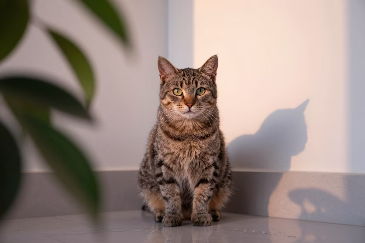 Munchkin Cat Portrait in Soft Santa Cruz Light in beside a plain plaster wall in soft indoor light with the animal centered in frame in Santa Cruz