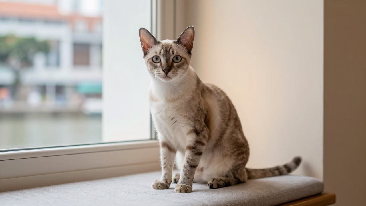 Munchkin Cat Portrait on Boat Quay Window Seat in on a cushioned window seat with soft side light and an uncluttered background in Boat Quay, Singapore
