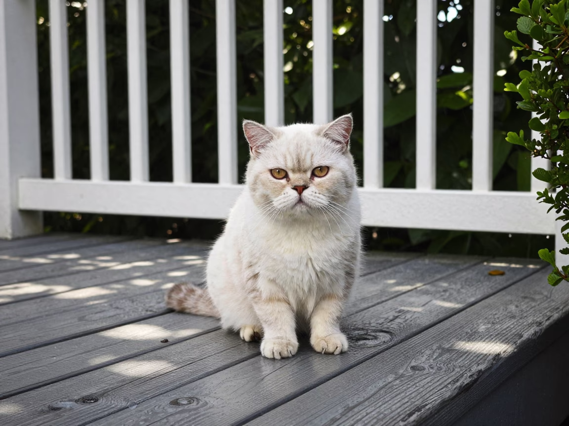 Munchkin Cat Portrait on Shaded Porch Boards in on a shaded front porch with boards, railings, and eye-level framing in Bonon