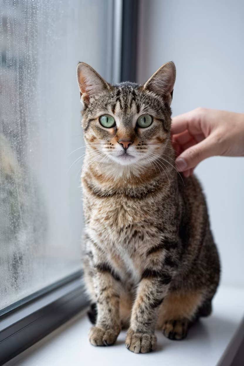 Munchkin Cat Portrait with Condensation in in a quiet portrait studio with a plain backdrop and eye-level framing in Bridgetown