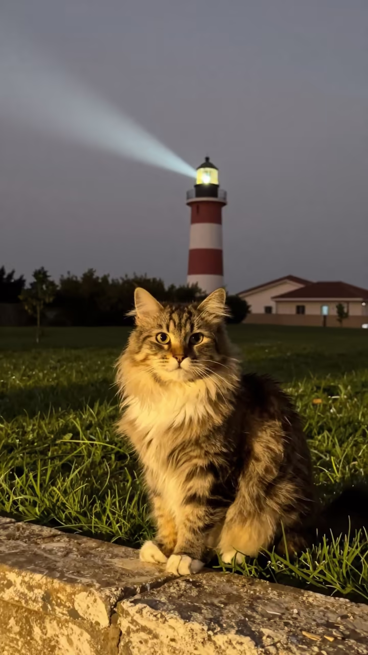 Munchkin Longhair Cat in Bouskoura Garden Night in in a small yard with clipped grass, calm light, and the animal centered in frame in Bouskoura