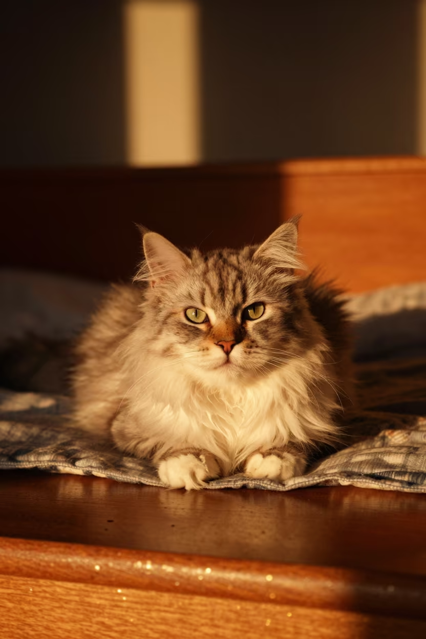 Munchkin Longhair Cat in Munich Amber Light in on a bedspread near a bright window with calm indoor light in Maxvorstadt, Munich