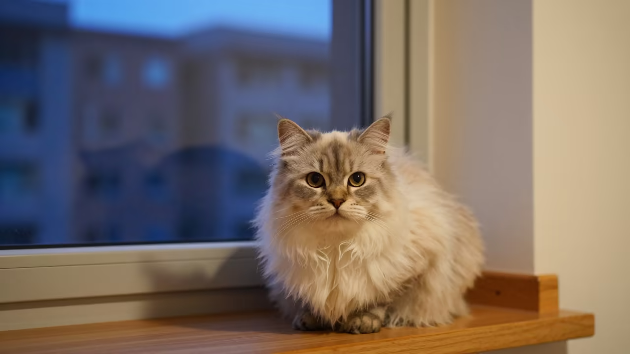 Munchkin Longhair Cat Lounging on Window Seat in on a window seat in a quiet apartment with soft side light in Taichung