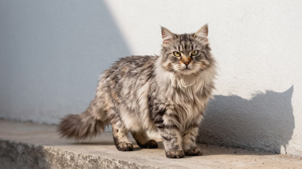 Munchkin Longhair Cat Portrait Beside Courtyard Wall in beside a plain courtyard wall in clear daylight with the animal at eye level in Kumba