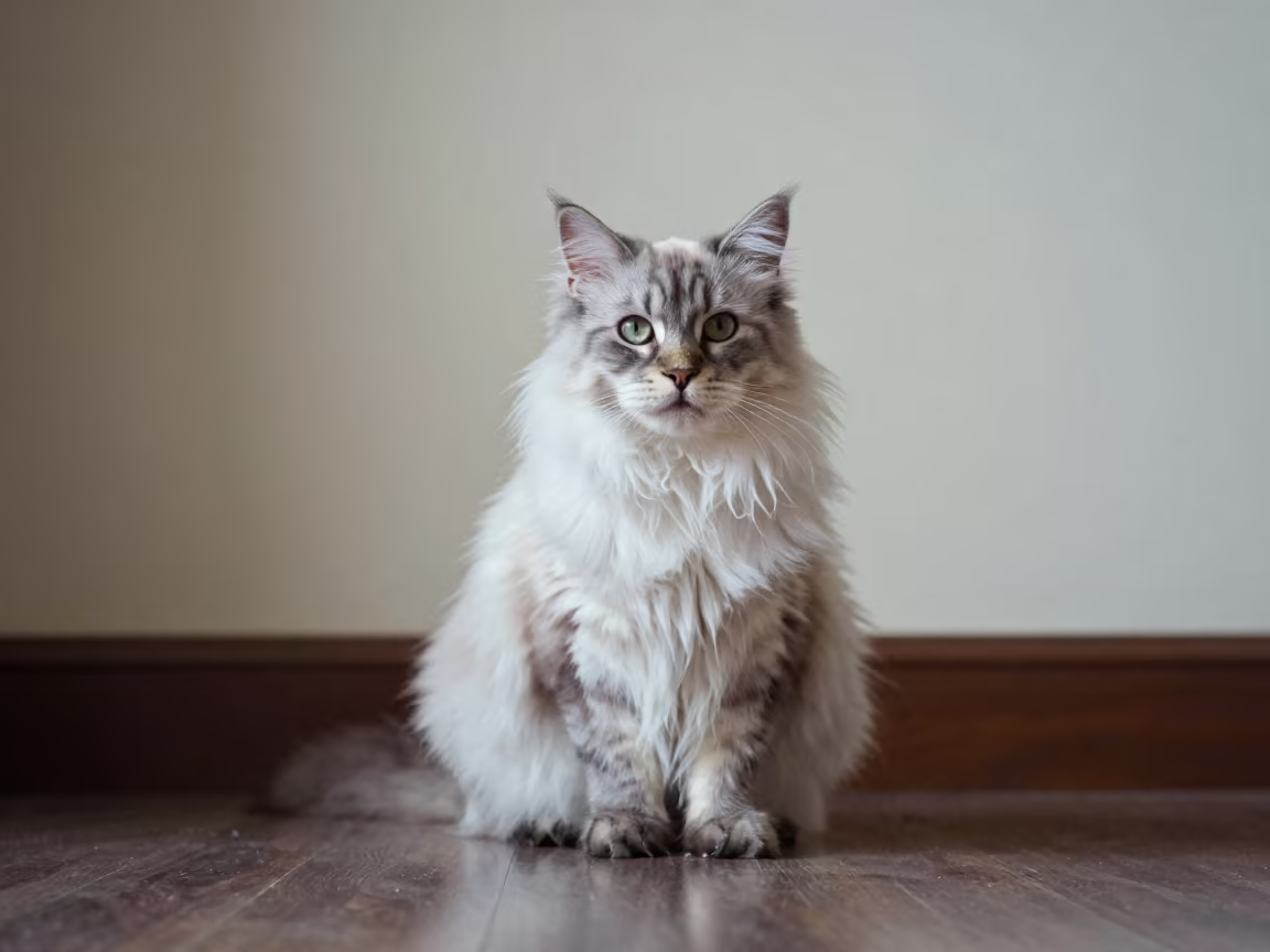 Munchkin Longhair Cat Portrait in Port-de-Paix in beside a plain plaster wall in soft indoor light with the animal centered in frame in Port-de-Paix