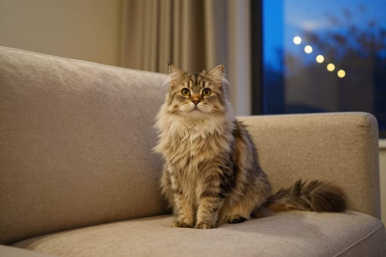 Munchkin Longhair Cat Portrait on Sofa Near Window in on a sofa near a curtained window with calm indoor light near Idku