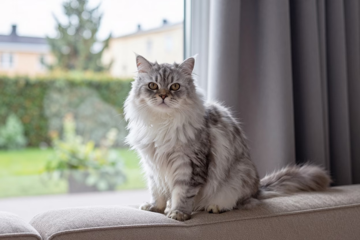 Munchkin Longhair Cat Portrait on Sofa in on a sofa near a curtained window with calm indoor light in Espoo