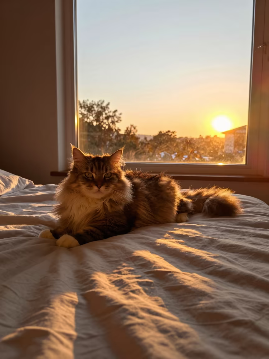 Munchkin Longhair Cat Sunset Near Window in on a bedspread near a bright window with calm indoor light near Ensenada