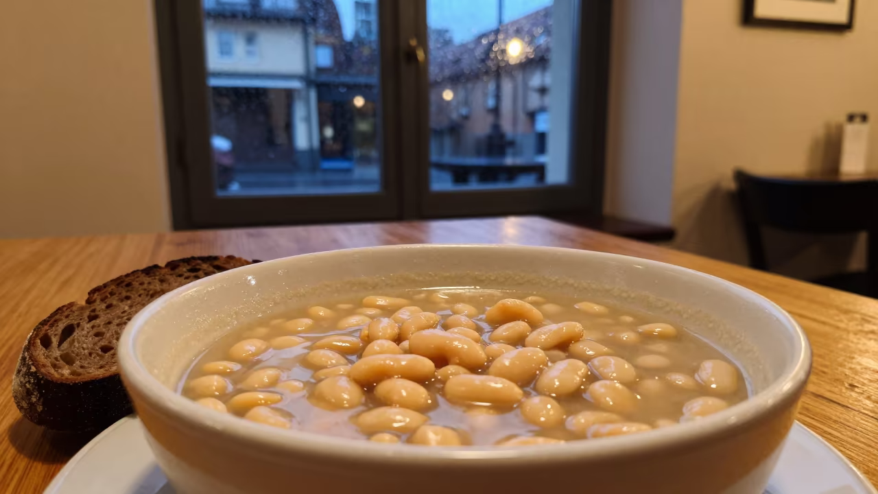 Munich Restaurant Fasolia Stew and Bread at Twilight in on a restaurant table in Munich