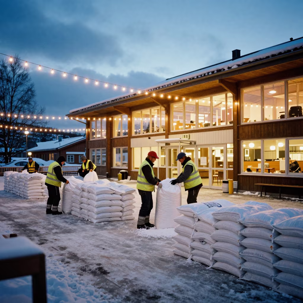 Municipal Crew Loading Salt Bags at Oslo Depot in in a community center hall near Oslo