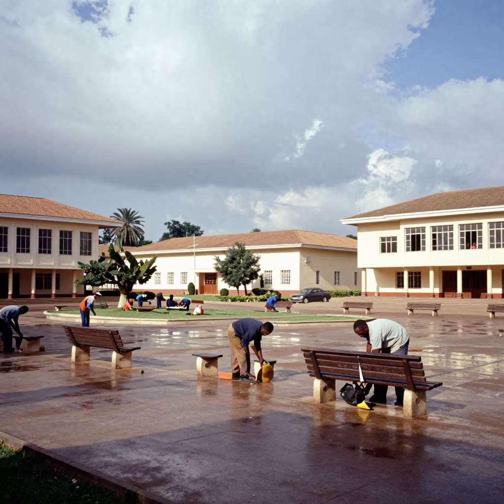 Municipal Crew Repairs Benches in Bonon Square in inside a campaign office in Bonon