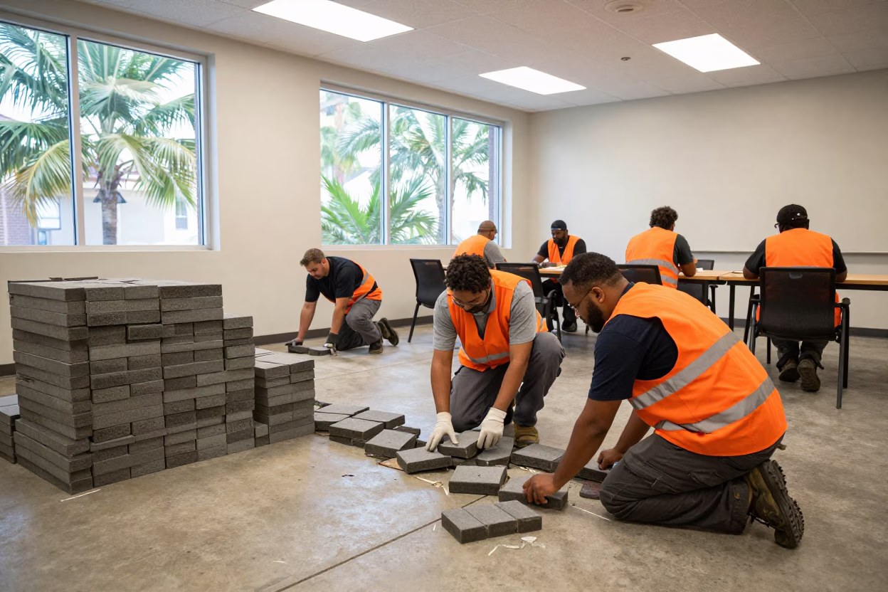 Municipal Crew Replacing Pavers in Town Hall in in a fluorescent town hall meeting room in Charlotte
