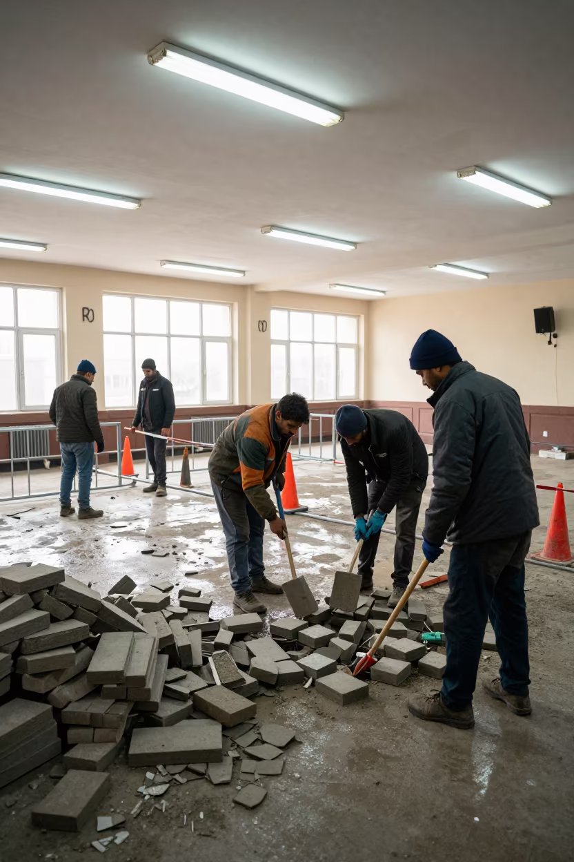 Municipal Crew Replacing Pavers in Winter Square in in a fluorescent town hall meeting room near Lucknow