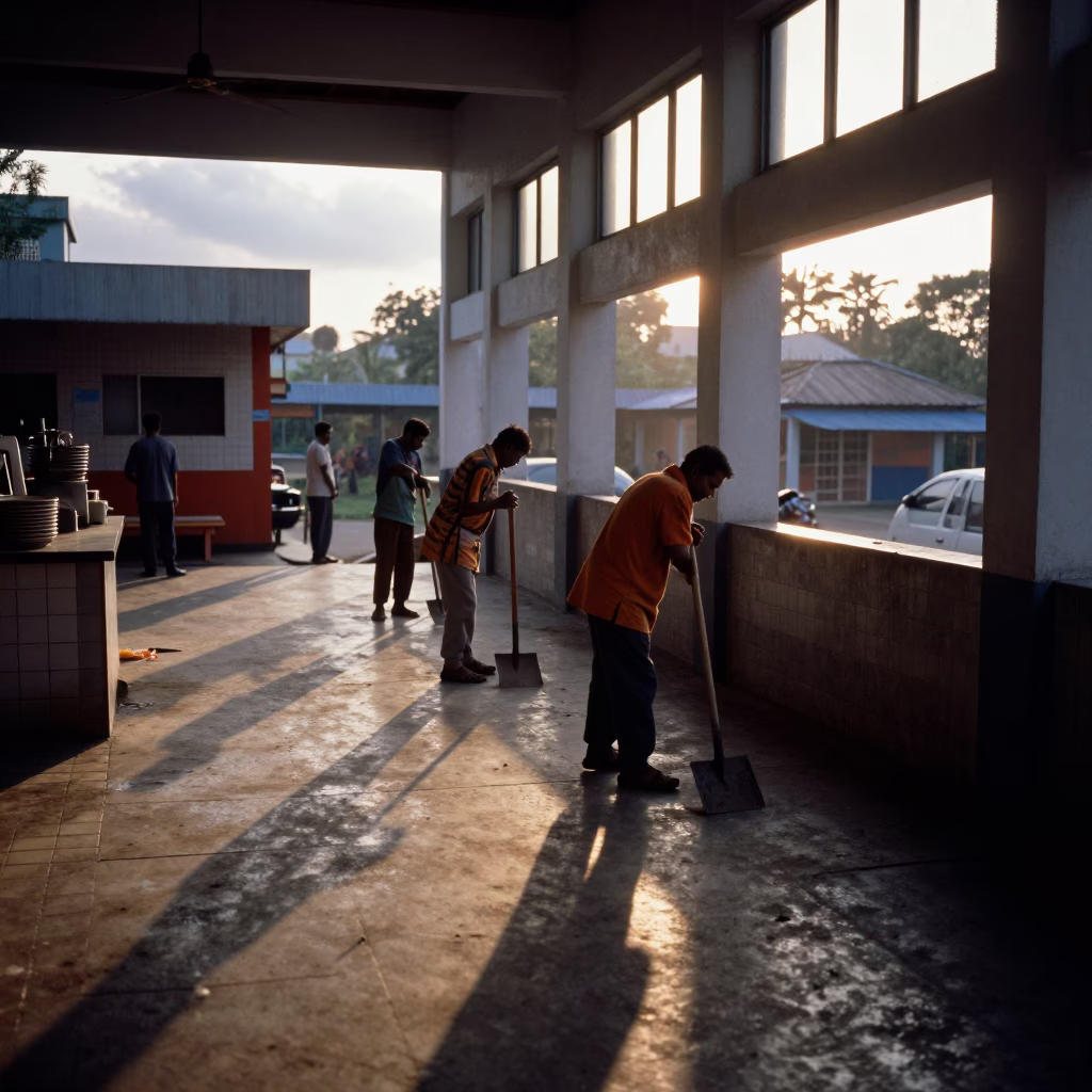 Municipal Crew Resting at Dawn in Bangalore Hall in in a community center hall in Bangalore