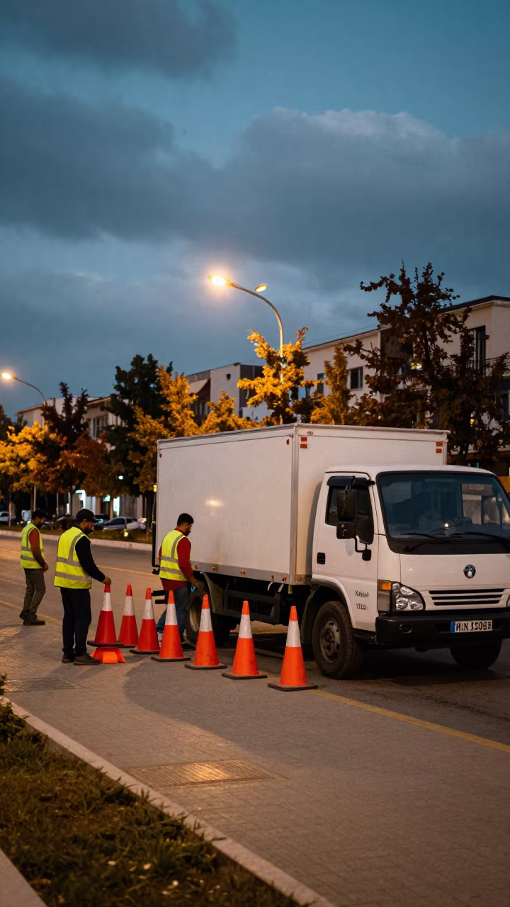 Municipal Crew Unloading Cones in Mashhad Square in in a public square near Mashhad