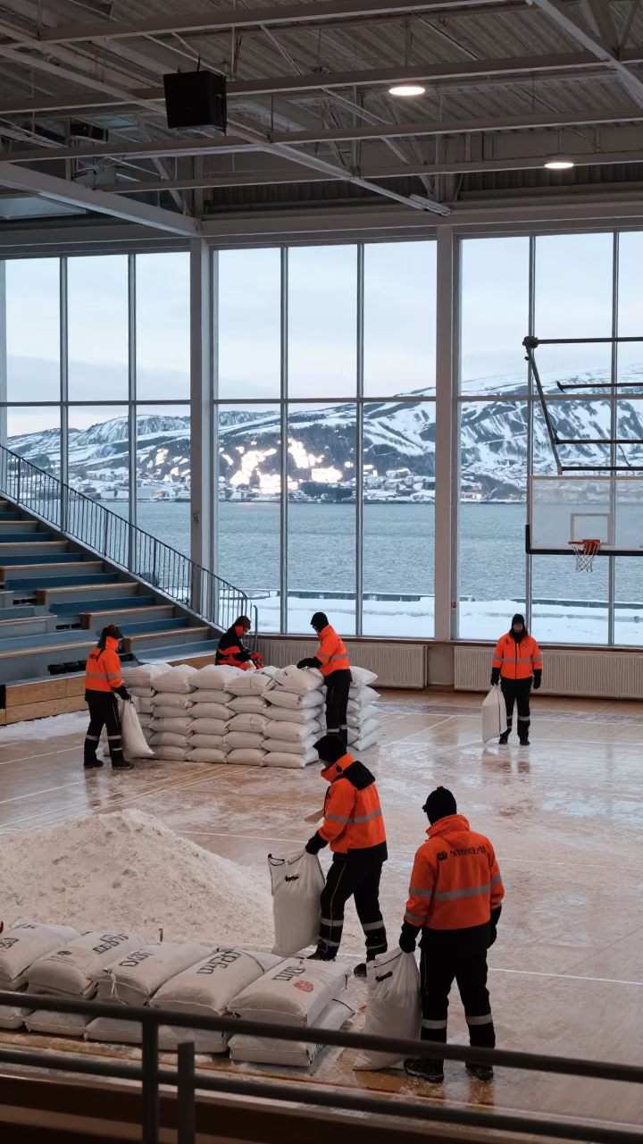 Municipal Snow Crew Loading Salt Bags in inside a polling station gymnasium in Tromsø
