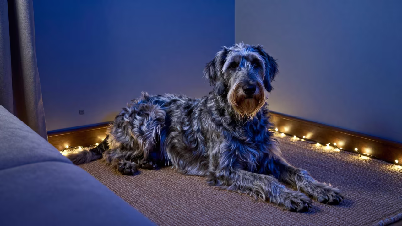 Munsterlander Dog on Rug Twilight Glow in on a woven rug beside a low couch and an uncluttered wall near Xian