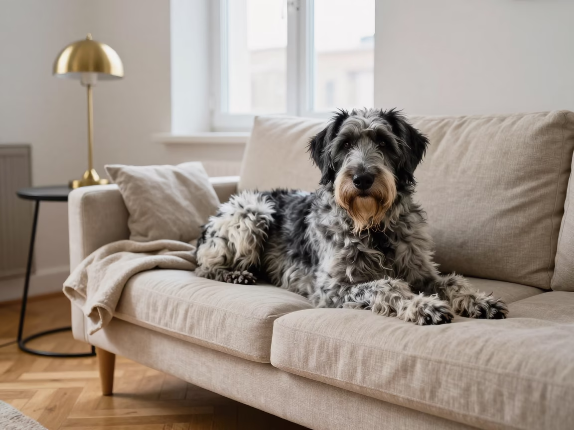Munsterlander Dog Resting on Linen Sofa in Moscow Home in on a linen sofa with daylight from a nearby window in Moscow