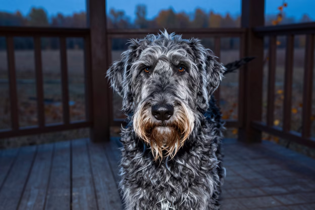 Munsterlander Portrait on Autumn Porch at Blue Hour in on a shaded front porch with boards, railings, and eye-level framing near Changchun