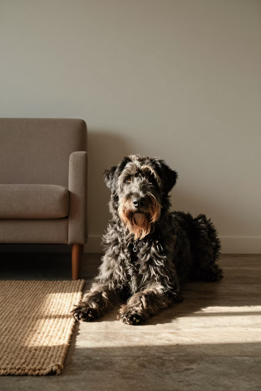 Munsterlander Resting on Rug in Honolulu Dawn in on a woven rug beside a low couch and an uncluttered wall in Honolulu