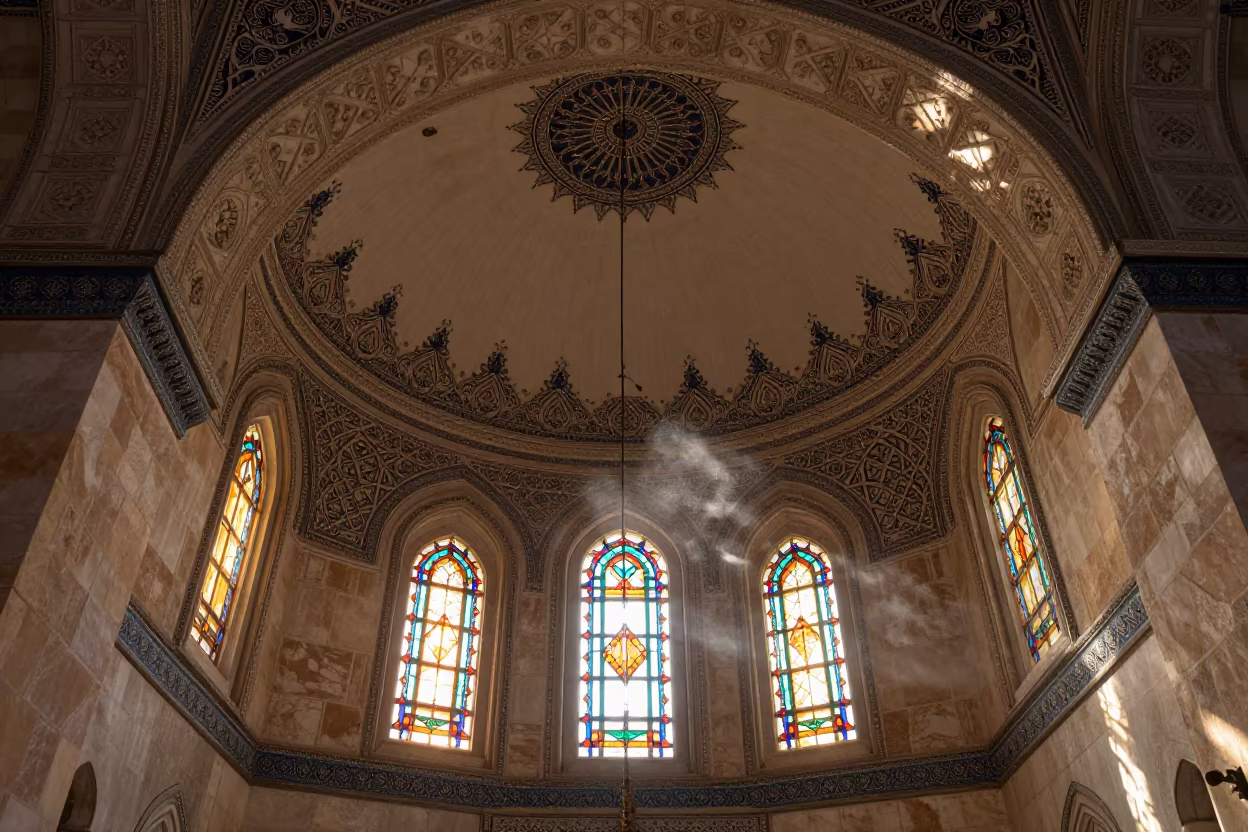 Muqarnas Ceiling Vault in Amman Mosque Noon Light in inside a candlelit nave in Amman