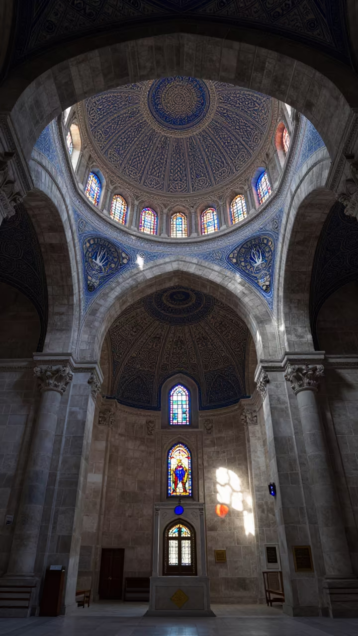 Muqarnas Ceiling Vault in Phoenix Chapel in in a chapel lit by stained glass in Phoenix