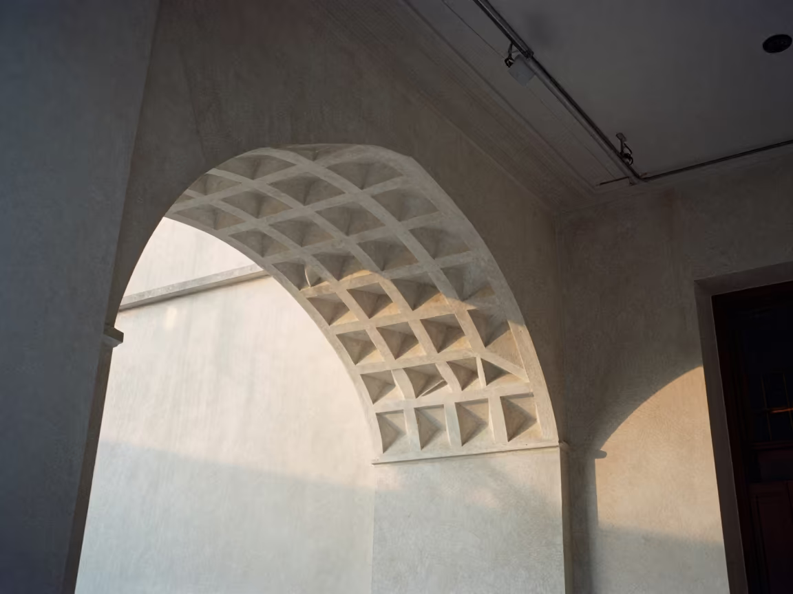 Muqarnas Vault in Concrete Lobby Before Sunrise in inside a ribbed concrete lobby near Malabo